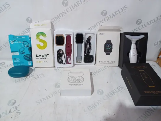 BOX OF APPROX 5 ITEMS TO INCLUDE - TRUE WIRELESS EARBUDS - SMART WATCH SPORT - BEAUTY NECK INSTRUMENT ECT