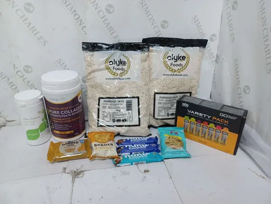 ASSORTED FOOD TOTE TO INCLUDE OATS, SIS ENERGY GEL, PURE COLLAGEN, AND ALKA-GREENS ETC.