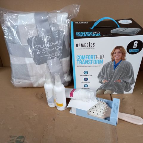 BOX OF ITEMS TO INCLUDE COZEE HOME FOOTWARMER & THROW SET, HOMEDICS COMFORT PRO HEATED TRANSFORM THROW AND PHILIP KINGSLEY STYLING HAIR PRODUCTS