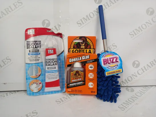 LOT OF APPROXIMATELY 10 ASSORTED HOUSEHOLD ITEMS TO INCLUDE BUZZ EXTENDABLE DUSTER, GORILLA GLUE, ETC