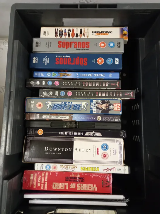 BOX OF APPROXIMATELY 15 ASSORTED DVDS & BOX SETS TO INCLUDE PETER RABBIT 2, TOP GUN MOVIE COLLECTION, DOWNTON ABBEY ETC