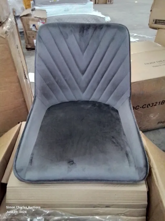 A BOXED PAIR OF GREY VELVET UPHOLSTERED DINING CHAIRS/STOOLS