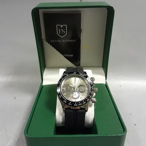 BOXED FRANK SCHMIDT TAUPE COLOURED DIAL SILVER COLOURED BEZEL WITH RUBBER BLACK STRAP 