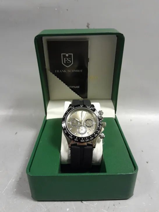 BOXED FRANK SCHMIDT TAUPE COLOURED DIAL SILVER COLOURED BEZEL WITH RUBBER BLACK STRAP 