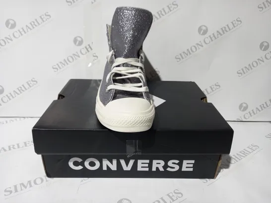 BOXED PAIR OF CONVERSE HI-TOP SHOES IN GUNMETAL W. GLITTER EFFECT UK SIZE 7