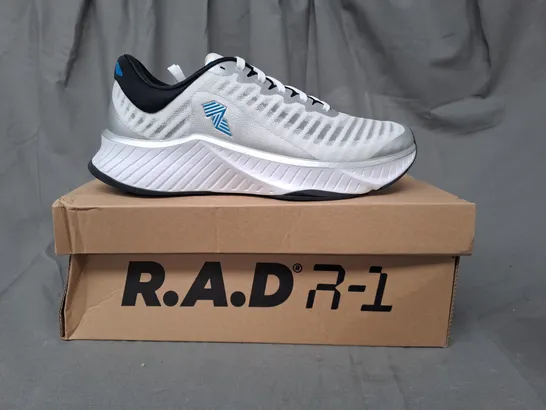 BOXED PAIR OF R.A.D R-1 TRAINERS IN WHITE/METALLIC SILVER UK SIZE 9