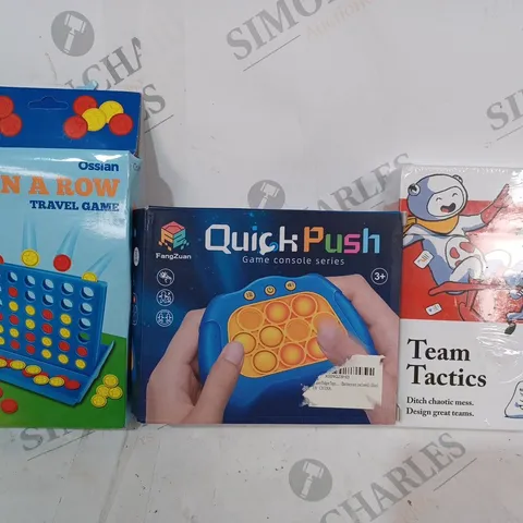 BOX OF APPROXIMATELY 20 ASSORTED TOYS AND GAMES TO INCLUDE TEAM TACTICS, QUICK PUSH, 4 IN A ROW TRAVEL GAME, ETC