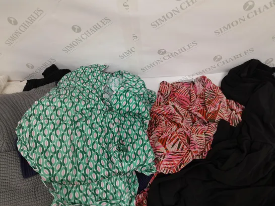 BOX OF ASSORTED CLOTHES ALL SIZES AND COLOURS MIX OF PANTS DRESSES AND TOPS 