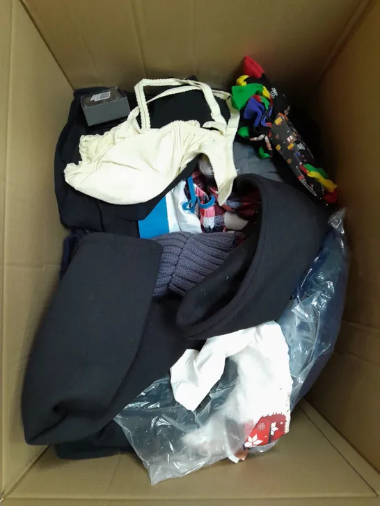 LARGE BOX OF ASSORTED CLOTHING ITEMS IN VARIOUS COLOURS AND SIZES INCLUDING TROUSERS , TOPS AND JUMPERS 