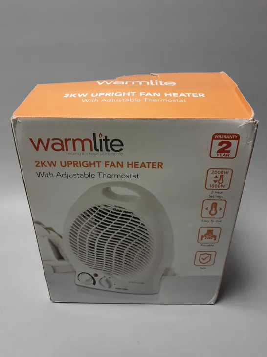 BOXED WARMLITE 2KW UPRIGHT FAN HEATER WITH ADJUSTABLE THERMOSTAT