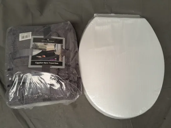 BOX OF APPROXIMATELY 8 ASSORTED HOUSEHOLD ITEMS TO INCLUDE TOILET SEAT, GAVENO CAVAILIA 8 PIECE TOWEL BALE, ETC