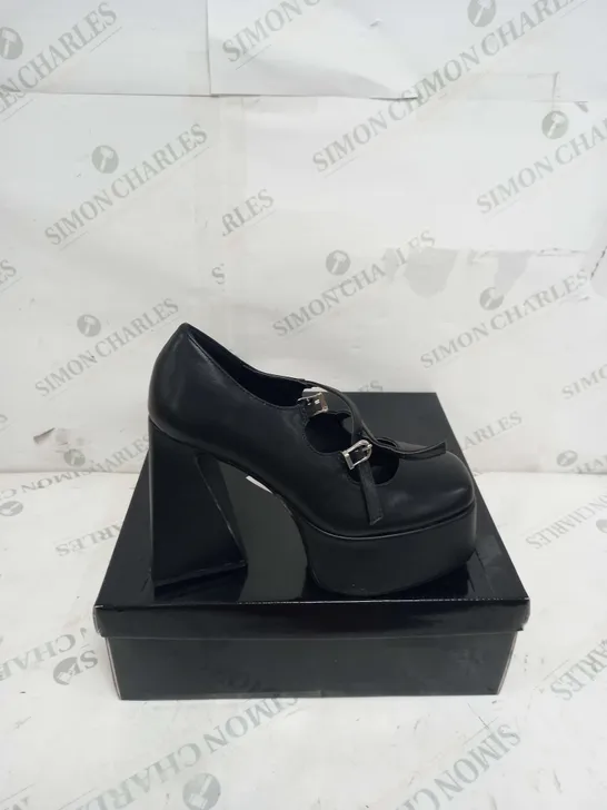 BOXED PAIR OF KOI FOOTWEAR PU STRAPPY PLATFORM HEEL IN BLACK - SIZE 5