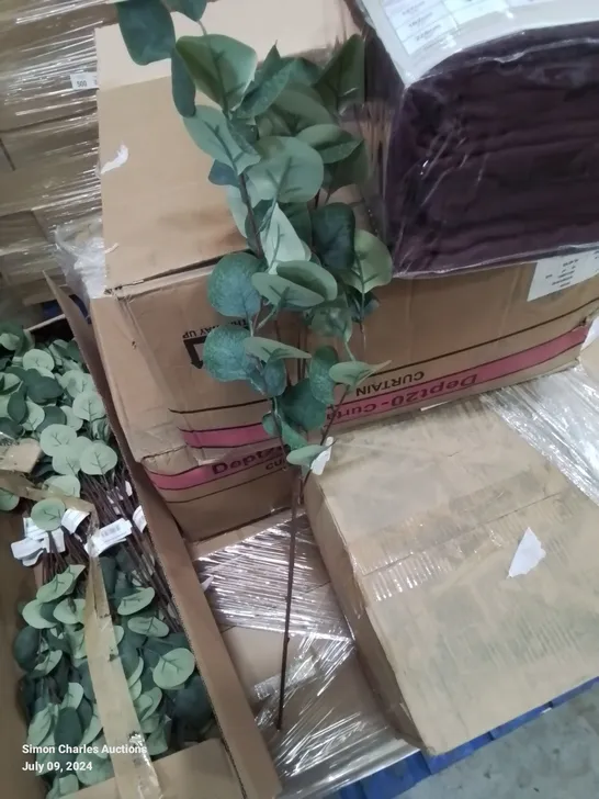 PALLET CONTAINING 4 BOXES OF X4 PLAIN EYELET CURTAINS, APPROXIMATELY 15 BOXES OF FAUX EUCALYPTUS PLANTS