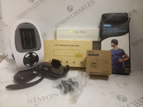 BOX OF APPROXIMATELY 5 ASSORTED ITEMS TO INCLUDE STYLUS PEN, PORTABLE HEATER, HEADLAMP ETC