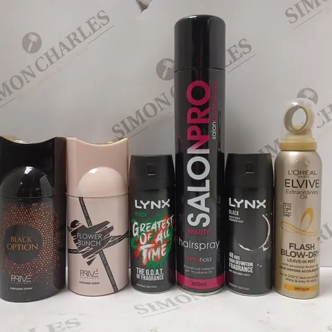 BOX OF APPROX 10 ASSORTED AEROSOLS TO INCLUDE PRIVE PERFUMED SPRAY, LYNX BODY SPRAY, SALON PRO HAIR SPRAY, ETC 