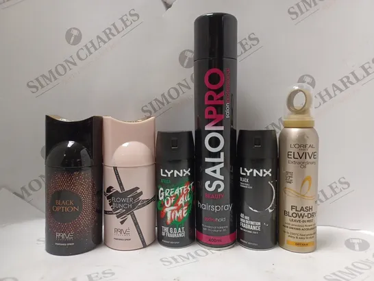 BOX OF APPROX 10 ASSORTED AEROSOLS TO INCLUDE PRIVE PERFUMED SPRAY, LYNX BODY SPRAY, SALON PRO HAIR SPRAY, ETC 