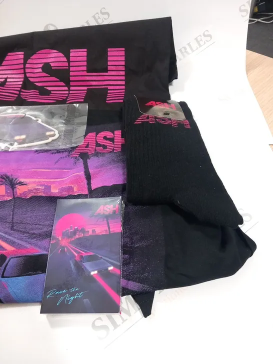 ASH RACE THE NIGHT ALBUM COLLECTION TO INCLUDE; SIGNED CD, PURPLE CASSETTE, ALBUM T-SHIRT, SOCKS, PINK LOGO TOTE BAG, TRUCKER CAP AND CAR AIR FRESHNER