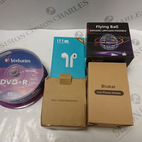 BOX OF 5 ASSORTED HOUSEHOLD ITEMS TO INCLUDE EARPHONES, CAR PHONE HOLDER, DVD+R, ETC