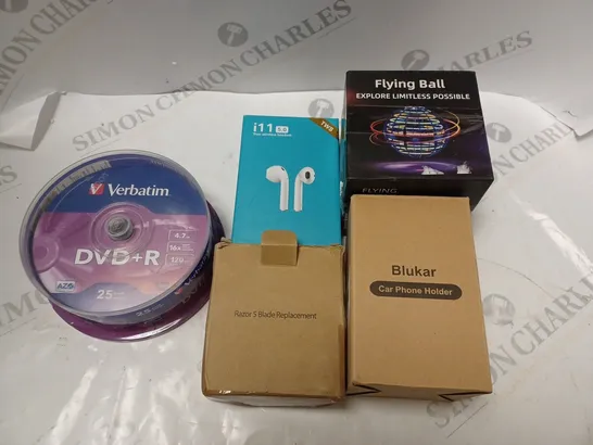 BOX OF 5 ASSORTED HOUSEHOLD ITEMS TO INCLUDE EARPHONES, CAR PHONE HOLDER, DVD+R, ETC