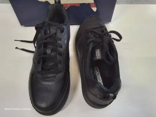 BOXED  PAIR OF SKECHERS BLACK LEATHER TRAINERS - UK 6