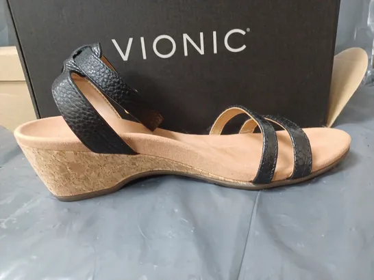 BOXED PAIR OF BLACK WEDGE HEEL SANDALS SIZE UNSPECIFIED