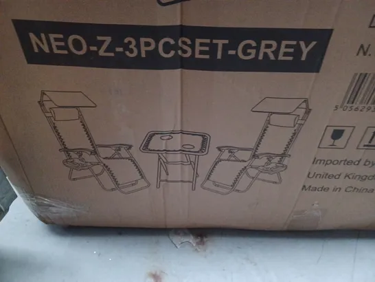 BOXED NEO GREY FOLDING PORTABLE ZERO GRAVITY CHAIRS AND TABLE SET (1 BOX) - COLLECTION ONLY