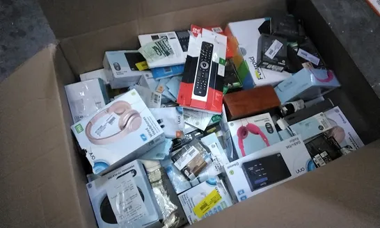 BOX OF ASSORTED ELECTRICAL ITEMS INCLUDING PERSONAL CD PLAYER, WIRED HEADPHONES, SYNC AND CHARGE CABLE, MICRO USB-A CABLE AND UNIVERSAL REMOTE CONTROL