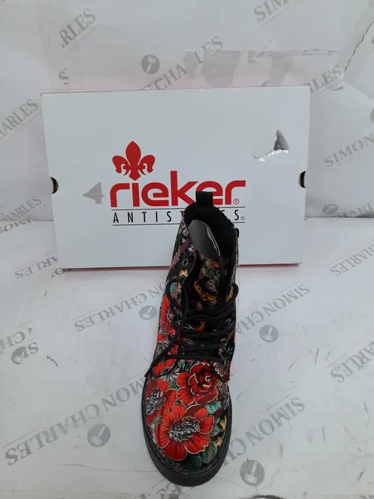 BOXED PAIR OF RIEKER LACE UP BOOTS MULTI/FLORAL PATTERN - SIZE 5