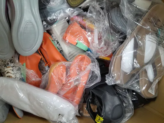 BOX OF APPROXIMATELY 15 ASSORTED PAIRS OF SHOES AND FOOTWEAR ITEMS IN VARIOUS COLOURS, STYLES, AND SIZES