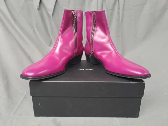 BOXED PAIR OF PAUL SMITH SIDE-ZIP ANKLE BOOTS IN PURPLE SIZE 10