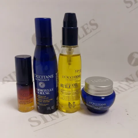 BOX OF 4 L`OCCITANE ITEMS TO INCLUDE MAKE-UP REMOVER, ESSENTIAL WATER AND SERUM