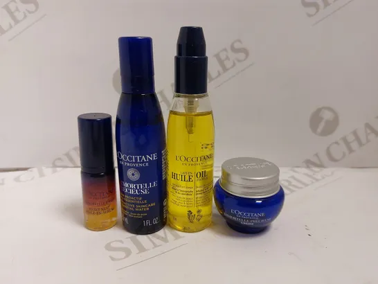 BOX OF 4 L`OCCITANE ITEMS TO INCLUDE MAKE-UP REMOVER, ESSENTIAL WATER AND SERUM