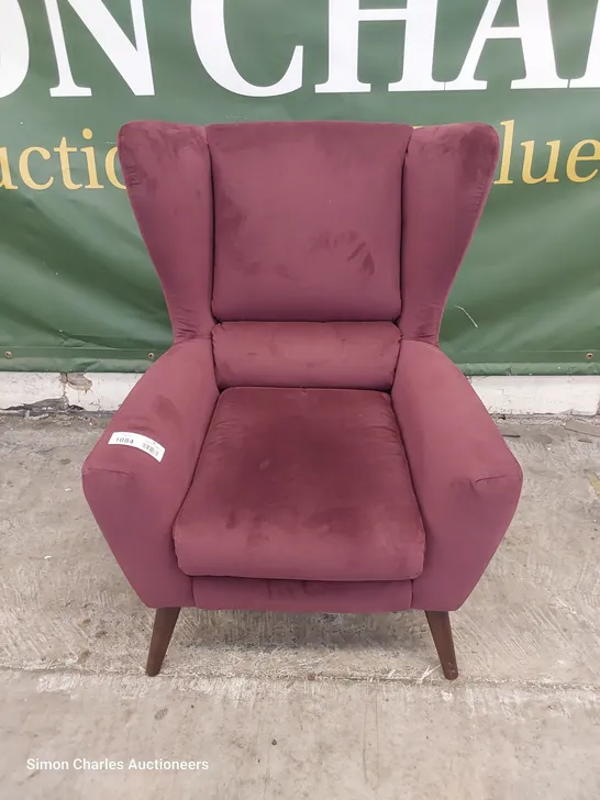 QUALITY BRITISH DESIGNER LOUNGE Co. WINGED EASY CHAIR AUBERGINE PLUSH FABRIC 