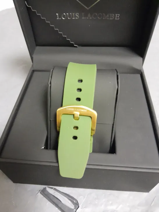 MENS LOUIS LACOMBE CHRONGRAPH WATCH WITH 3 SUB DIALS GOLD COLOUR CASE AND GREEN RUBBER STRAP