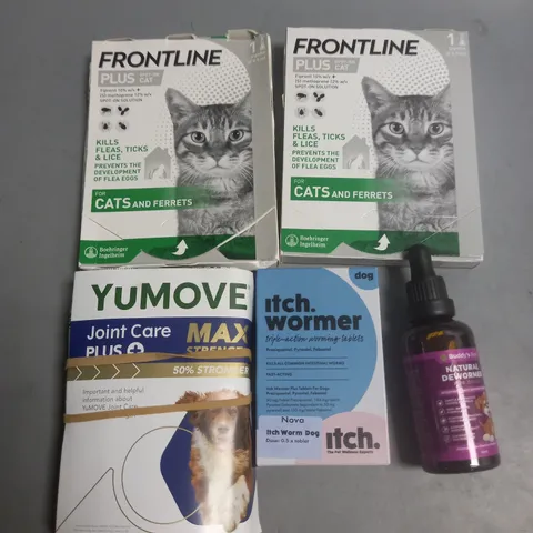 LOT OF 5 ASSORTED PET CARE ITEMS INCLUDES ITCH WORMER FRONTLINE SPOT ON AND NATURAL DEWORMER