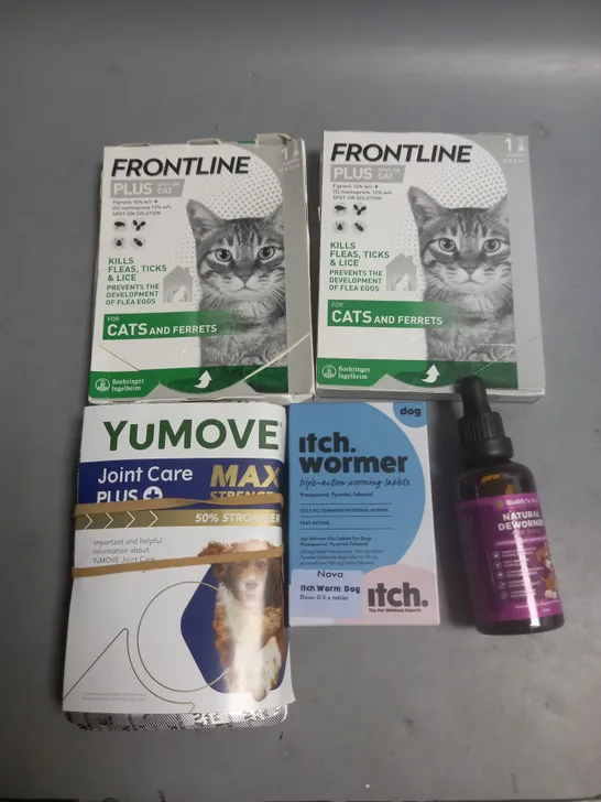 LOT OF 5 ASSORTED PET CARE ITEMS INCLUDES ITCH WORMER FRONTLINE SPOT ON AND NATURAL DEWORMER