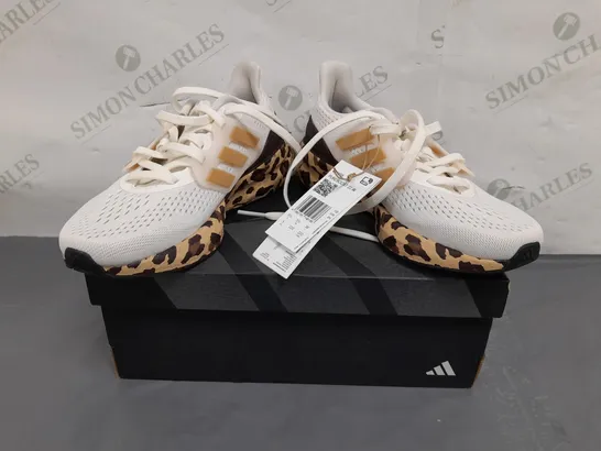 BOXED PAIR OF ADIDAS PUREBOOST 23 SHOES IN WHITE/TAN/ANIMAL PRINT UK SIZE 3.5