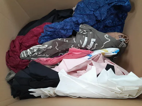 LARGE BOX OF ASSORTED CLOTHING ITEMS TOO INCLUDE TOPS , TROUSERS AND JUMPERS COMING IN DIFFERENT COLOURS AND SIZES 