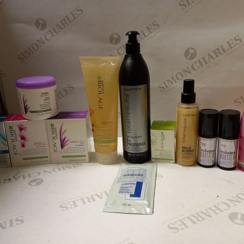 LOT OF APPROX 12 ASSORTED MATRIX HAIRCARE PRODUCTS TO INCLUDE SHINE SHAKE, PRO-KERATIN CONCENTRATE, ETC