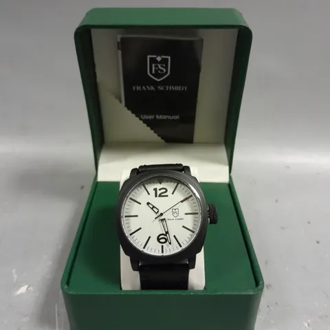 BOXED FRANK SCHMIDT LARGE BLACK CASE WHITE PILOT DIAL WATCH