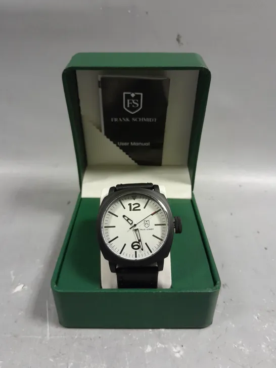 BOXED FRANK SCHMIDT LARGE BLACK CASE WHITE PILOT DIAL WATCH