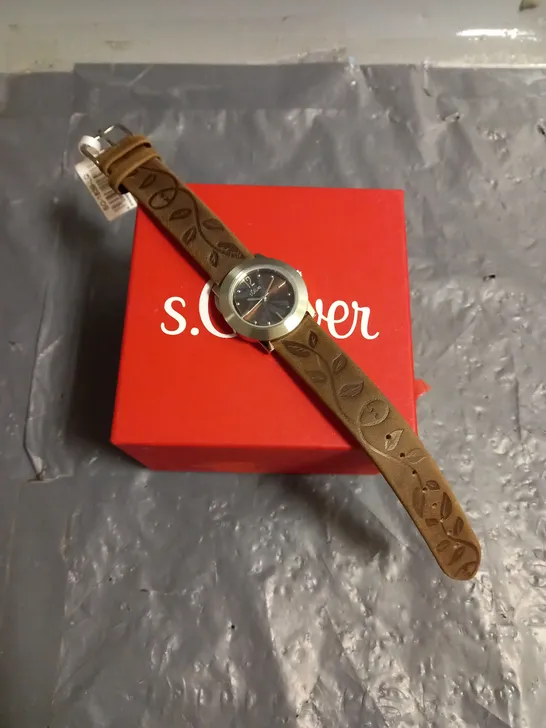 BOXED S.OLIVER STAINLES STEEL LEATHER STRAP WATCH IN BROWN LEAF