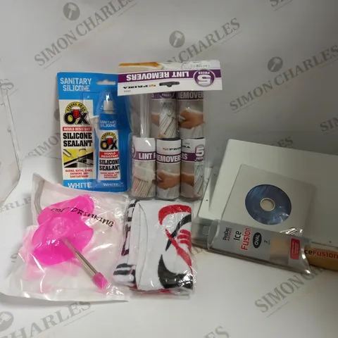 BOX OF APPROX 10 HOUSEHOLD ITEMS TO INCLUDE DRAIN COVER, SILICONE SEALANT, LINT ROLLERS