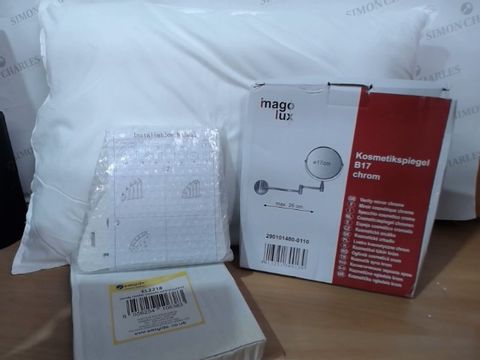 MEDIUM LOT OF ASSORTED HOUSEHOLD ITEMS TO INCLUDE: VISCO THERAPY PILLOW, IMAGO LUX CHROME VANITY MIRROR, EASYLIFE HANDY REMOTE CONTROL HOLDER (FLATPACKED) ETC