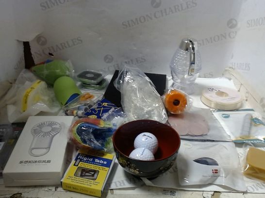 LOT OF ASSORTED HOUSEHOLD ITEMS TO INCLUDE; GOLF BALLS, MINI FAN, SCALES ETC 