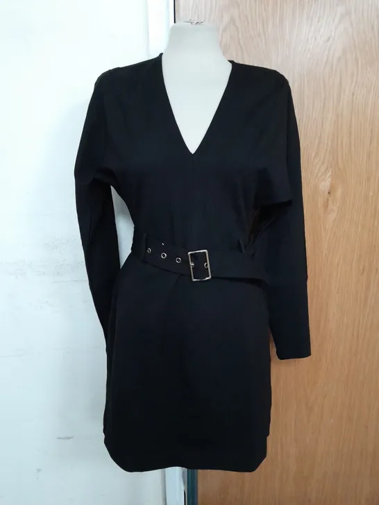 KAREN MILLEN V NECK BELTED PONTE JERSEY MINI DRESS IN BLACK SIZE S RRP £98