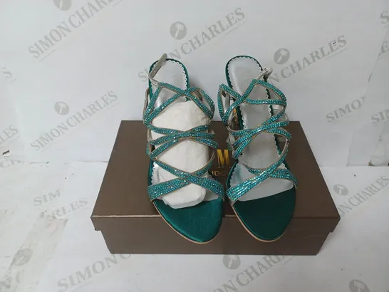 BOXED PAIR OF GEMZ LONDON HEELED STRAPPY SANDALS IN GREEN SIZE 41