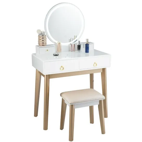 BOXED COSTWAY MODERN DRESSING TABLE WITH LED MIRROR & CUSHIONED STOOL - WHITE