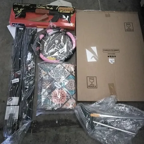 PALLET OF ASSORTED ITEMS INCLUDING FABIAN CLARKE PHOTO FRAMES, EUROBRIT LIFTING BELT, STERRING WHEEL COVER, NEEBEU KITCHEN RUG, TOY GUN, GARDEN ADDICT WOODEN GREENHOUSE 