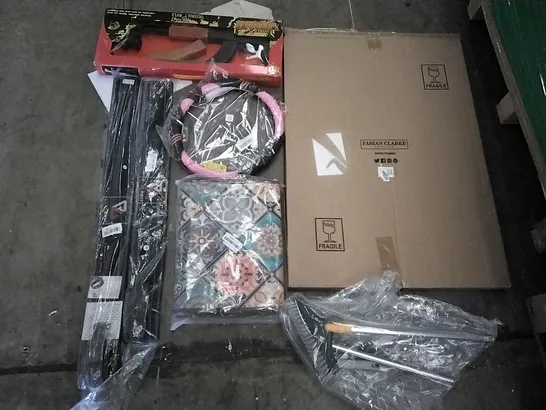 PALLET OF ASSORTED ITEMS INCLUDING FABIAN CLARKE PHOTO FRAMES, EUROBRIT LIFTING BELT, STERRING WHEEL COVER, NEEBEU KITCHEN RUG, TOY GUN, GARDEN ADDICT WOODEN GREENHOUSE 